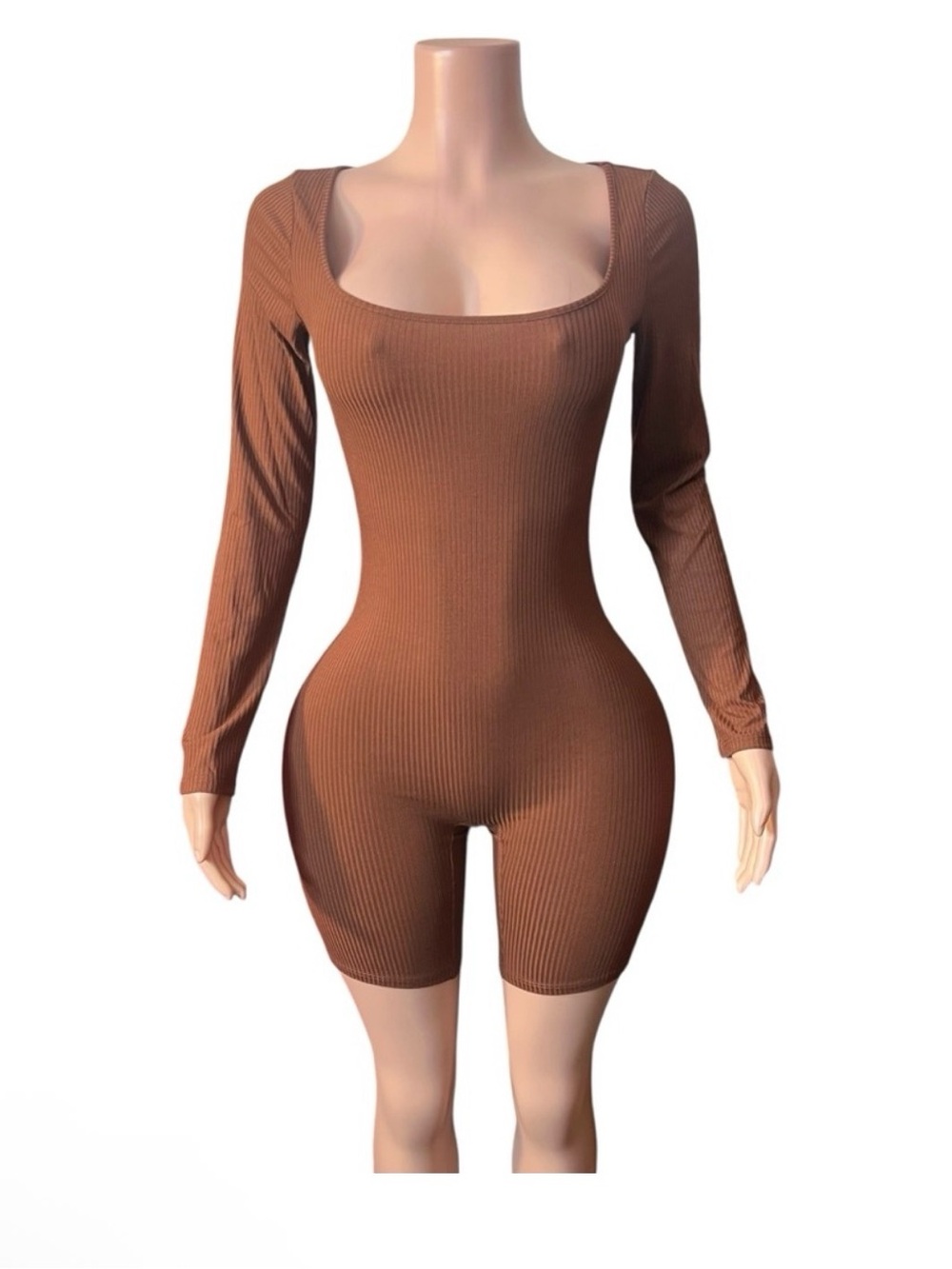 Ribbed Square-Neck Long Sleeve Romper — Brown